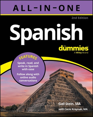 Spanish All-In-One for Dummies paperback book with audio online, featuring colorful cover and stacked pages.