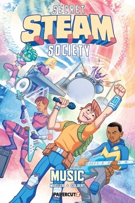 Paperback of Secret S.T.E.A.M. Society: Music by Papercutz, featuring colorful cover art with characters and musical themes.