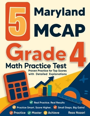 Paperback Maryland MCAP Grade 4 Math Practice Tests by Effortless Math Education, showing sample practice questions and explanations.