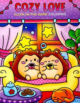 Pink paperback Cozy Love Glow-In-The-Dark Coloring book by Thunder Bay Press with colorful cover design and glow-in-the-dark illustrations.