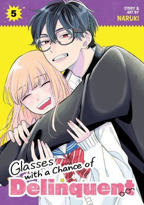 Paperback copy of "Glasses with a Chance of Delinquent" Vol. 5 by Seven Seas, showing the cover with colorful manga artwork.