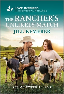 Mass market paperbound of The Rancher's Unlikely Match by Love Inspired, featuring a romantic countryside scene with a couple.