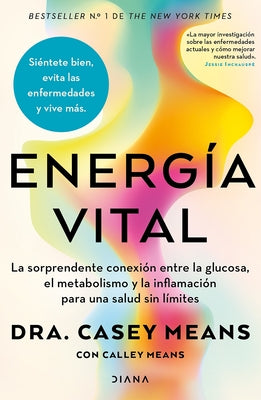 Paperback book titled "Energía Vital" by Planeta Publishing, featuring a colorful cover with scientific illustrations related to metabolism.