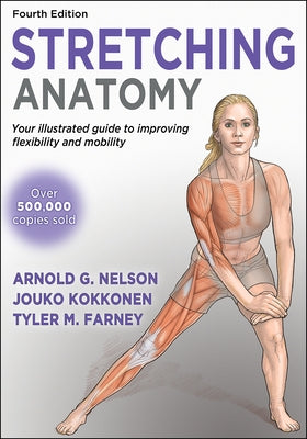 Paperback stretching anatomy book by Human Kinetics Publishers showing detailed illustrations of stretching exercises and muscle groups.