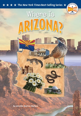 Paperback book titled "Where Is Arizona?" by Penguin Workshop, featuring a colorful map cover about the U.S. state of Arizona.