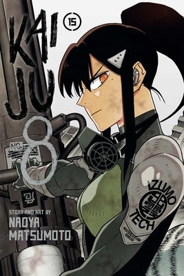Paperback copy of Kaiju No. 8, Vol. 15 manga by Viz Media featuring vibrant cover art and Japanese graphic design.