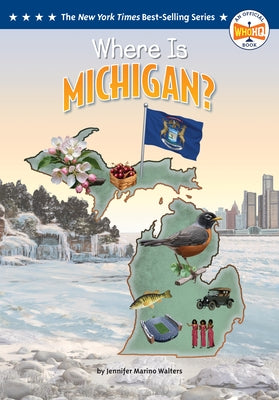 Paperback "Where Is Michigan?" book by Penguin Workshop, featuring colorful cover art with a map of Michigan.