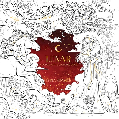 Open paperback of Lunar: A Zodiac Art & Coloring Book by Dover Publications, featuring intricate zodiac-themed illustrations on white pages.