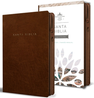 Large print Biblia Reina Valera 1960 Origen with leathersoft cover, cinnamon color, zipper closure, compact handheld size.