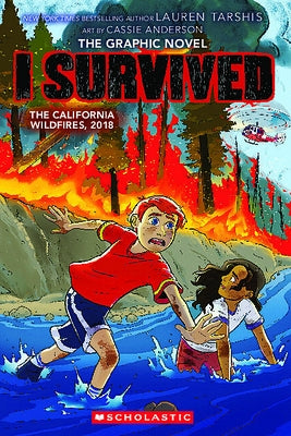 Paperback graphic novel titled "I Survived the California Wildfires, 2018" by Graphix, featuring a cover illustration related to wildfires.