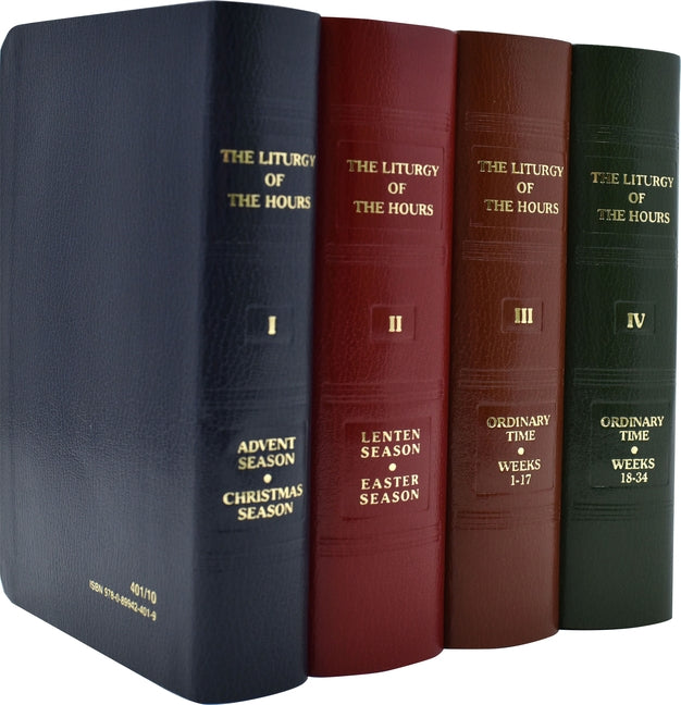 Imitation leather Liturgy of the Hours book by Catholic Book Publishing, open to pages with liturgical prayers and readings.