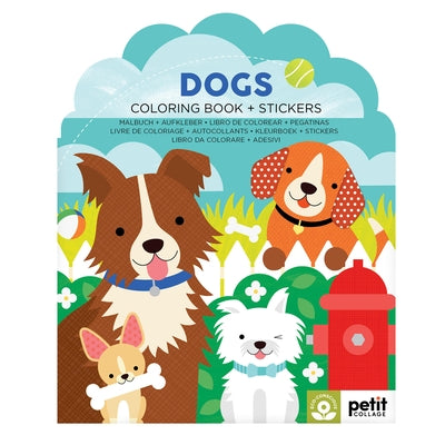 Dog-themed coloring book and stickers by Petit Collage, featuring playful illustrations of dogs on a paperback cover.