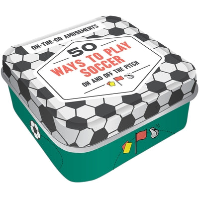 Paperback book titled "On-The-Go Amusements: 50 Ways to Play Soccer" by Chronicle Books, showing colorful cover with soccer-themed illustrations.