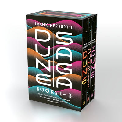 Three paperback books from Ace Books' Dune Saga boxed set, featuring Dune, Dune Messiah, and Children of Dune by Frank Herbert.