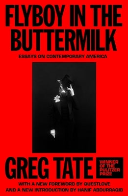 Paperback copy of "Flyboy in the Buttermilk" essays on contemporary America by Auwa, featuring a minimalist cover design.
