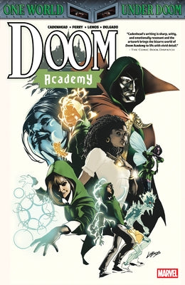 Paperback Marvel Universe Doom Academy book with cover art featuring Doom character and title text.