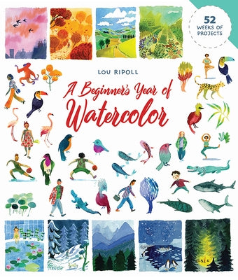 Paperback watercolor book titled "A Beginner's Year of Watercolor" by Dover Publications, showing colorful watercolor artwork on the cover.