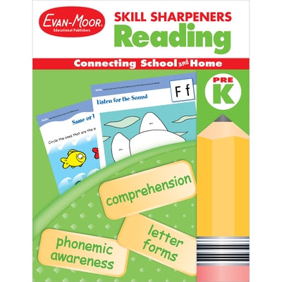 Pre-K reading skill sharpeners paperback book by Evan-Moor Educational Publishers with colorful educational pages.