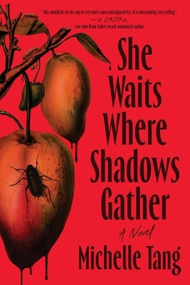 Paperback of "She Waits Where Shadows Gather" by Poisoned Pen Press, featuring dark, shadowy cover art with mysterious imagery.