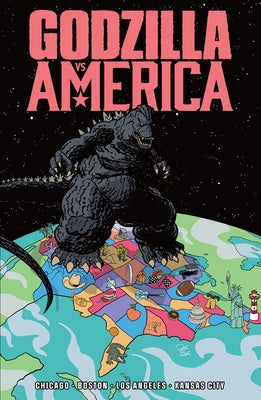 Paperback comic book titled "Godzilla vs. America" showing scenes from Boston, Chicago, Kansas City, and Los Angeles, published by IDW.