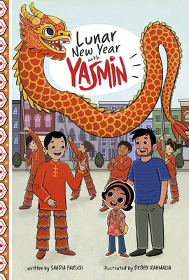 Paperback book titled "Lunar New Year with Yasmin" by Picture Window Books, featuring colorful illustrations of Yasmin celebrating the holiday.