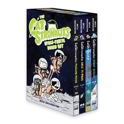 The Catstronauts Space-Tastic boxed set of paperback graphic novels by Little, Brown Ink, featuring colorful space-themed illustrations.