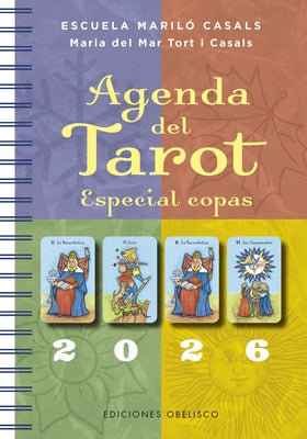 Paperback Tarot Agenda 2026 by Obelisco featuring mystical tarot card illustrations and monthly planning pages.
