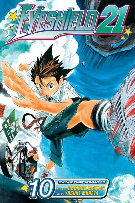 Paperback Eyeshield 21, Vol. 10 manga by Viz Media featuring dynamic football action and character illustrations.