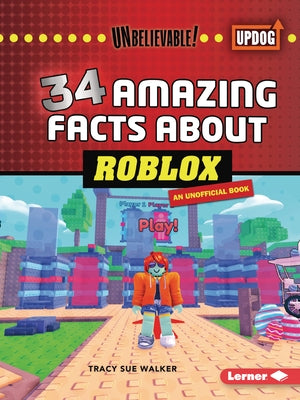 Paperback book titled "34 Amazing Facts about Roblox" by Lerner Publications, featuring colorful Roblox-themed cover art.