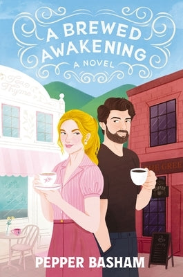 Paperback copy of "A Brewed Awakening" romantic comedy by Thomas Nelson, featuring a colorful book cover with playful illustrations.