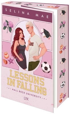 Paperback copy of "Lessons in Falling" by Lyx, featuring a book cover with abstract artwork and title text.