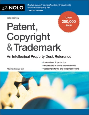 Paperback book titled "Patent, Copyright & Trademark: An Intellectual Property Desk Reference" by NOLO, with visible spine and cover.