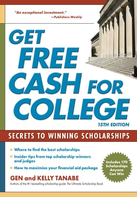 Paperback book titled "Get Free Cash for College" by SuperCollege, featuring a colorful cover with educational graphics.