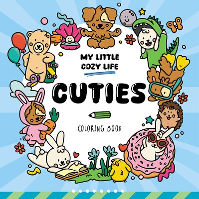 Coloring book titled "Cuties" by Two Windmills, featuring illustrated pages with cute character designs, paperback format.