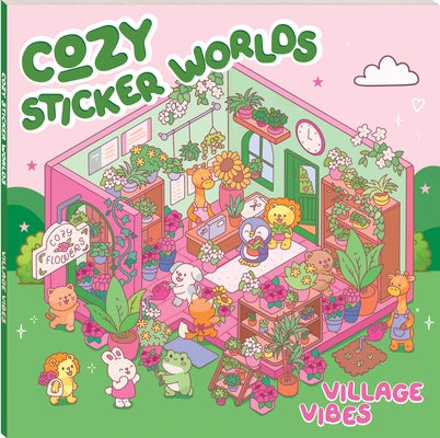 Cozy Sticker Worlds Village Vibes paperback book by Art Maker featuring colorful village illustrations on the cover.