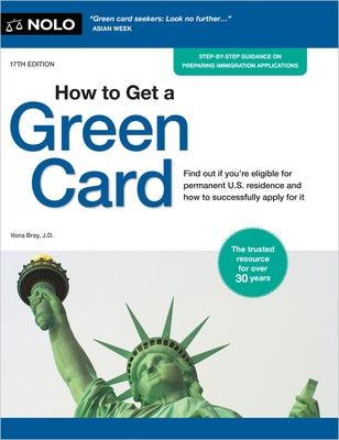 Paperback book titled "How to Get a Green Card" by NOLO, featuring a cover with legal and immigration-themed illustrations.