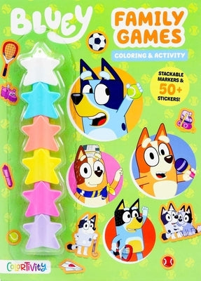 Bluey family games coloring and activity book with stackable markers, featuring fun illustrations on the paperback cover.