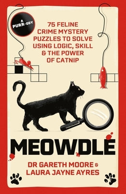 Greenfinch Meowdle paperback book featuring 75 feline crime puzzles with catnip-themed illustrations and logic challenges.