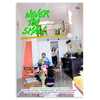 Paperback book titled "Never Too Small" by Ra & Olly, featuring colorful cover art highlighting vibrant design and compact living themes.