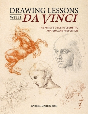 Paperback drawing book titled "Drawing Lessons with Da Vinci" by David & Charles, featuring detailed sketches and diagrams on geometry and anatomy.