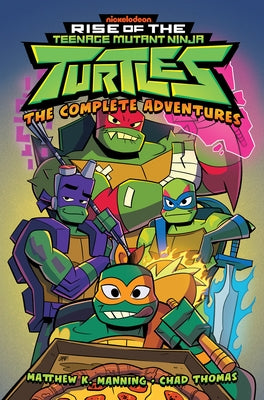 Paperback of Rise of the Teenage Mutant Ninja Turtles: The Complete Adventures by IDW Publishing, featuring colorful comic cover art.
