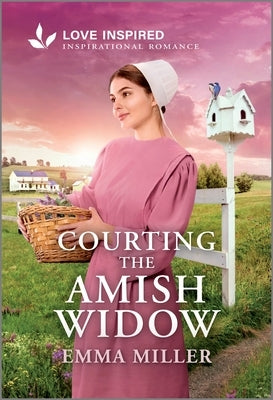 Mass market paperbound of "Courting the Amish Widow" by Love Inspired, an uplifting Amish romance novel cover featuring a woman and rural setting.