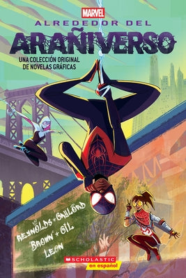 Paperback book titled "Alrededor del Arañiverso" by Scholastic en Espanol, featuring colorful cover art with spider-themed illustrations.