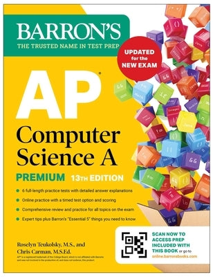 Barrons AP Computer Science A Premium 13th Edition paperback prep book with practice tests and online review resources.