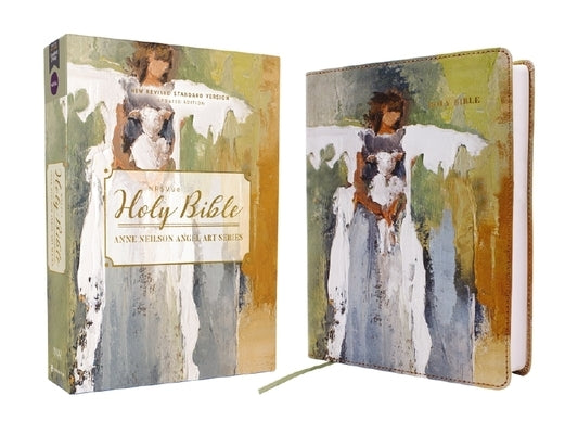Zondervan Nrsvue Holy Bible with Anne Neilson Angel art, Leathersoft cover, multi-color design, comfort print, Bible book open display.