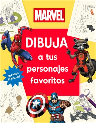 Paperback book titled "Marvel Dibuja a Tus Personajes Favoritos" by DK Publishing, showing colorful comic character illustrations.