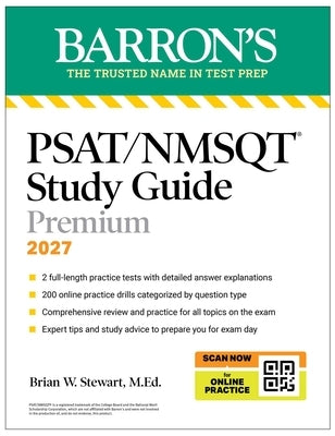 Barrons PSAT/NMSQT Premium Study Guide paperback with practice tests, review, and online drills for 2027 exam preparation.