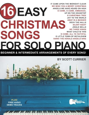 Paperback book titled "16 Easy Christmas Songs for Solo Piano" with sheet music for beginner and intermediate players.