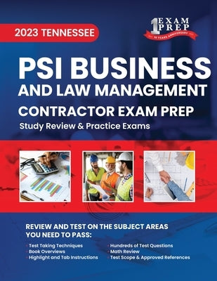 Paperback book titled "2023 Tennessee Contractor Business and Law Management Exam Prep" with study review and practice exams.