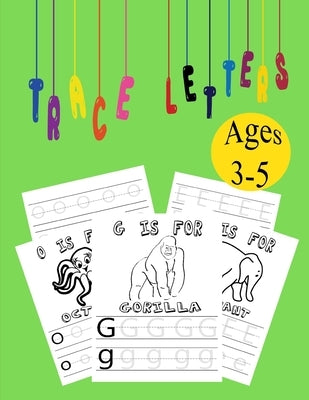 Paperback Trace Letters alphabet handwriting practice workbook for kids ages 3-5, featuring tracing and coloring activities.